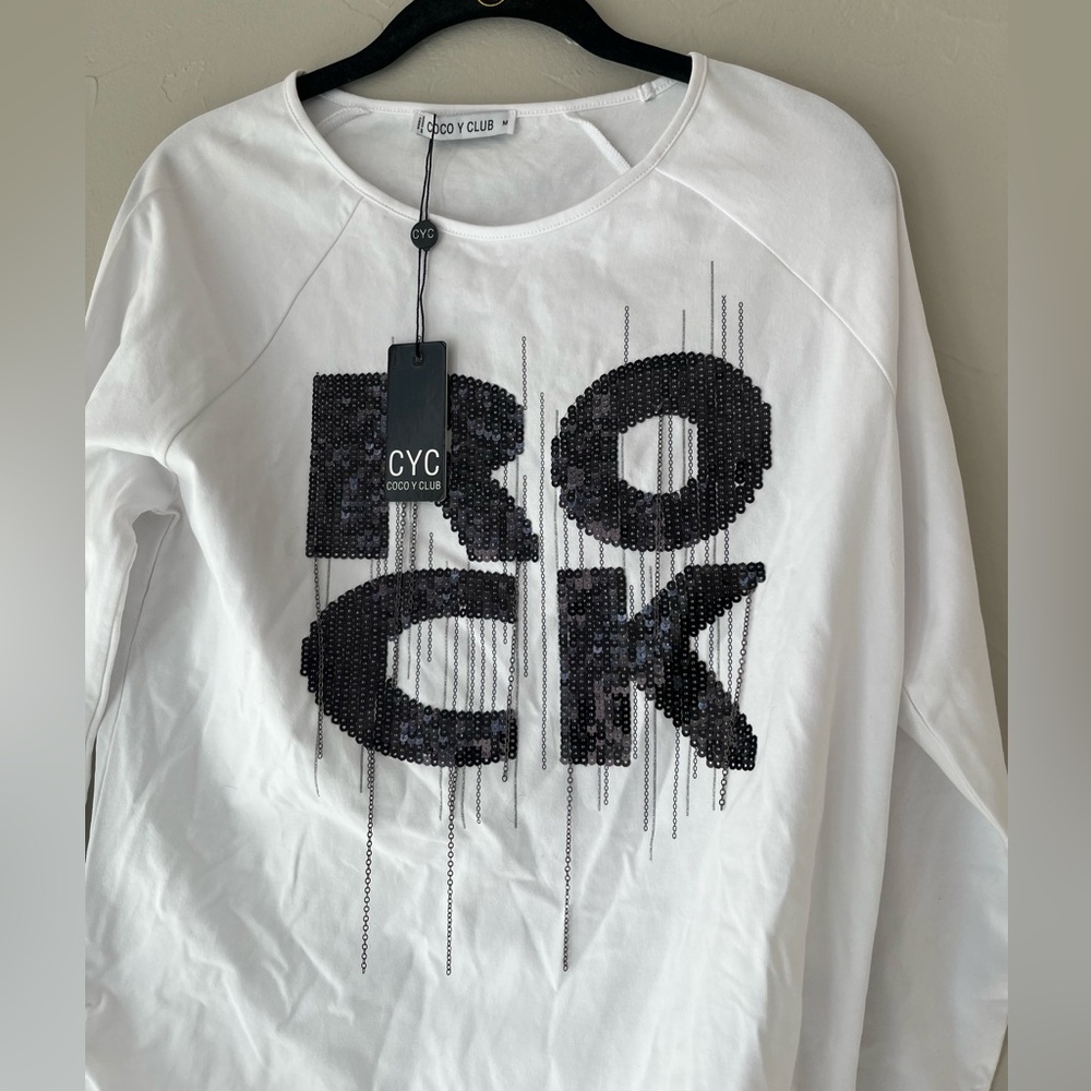 🖤COCO Y CLUB ROCK SEQUIN CHAIN EMBELLISHED SIDE TIE TOP IN WHITE BLACK M